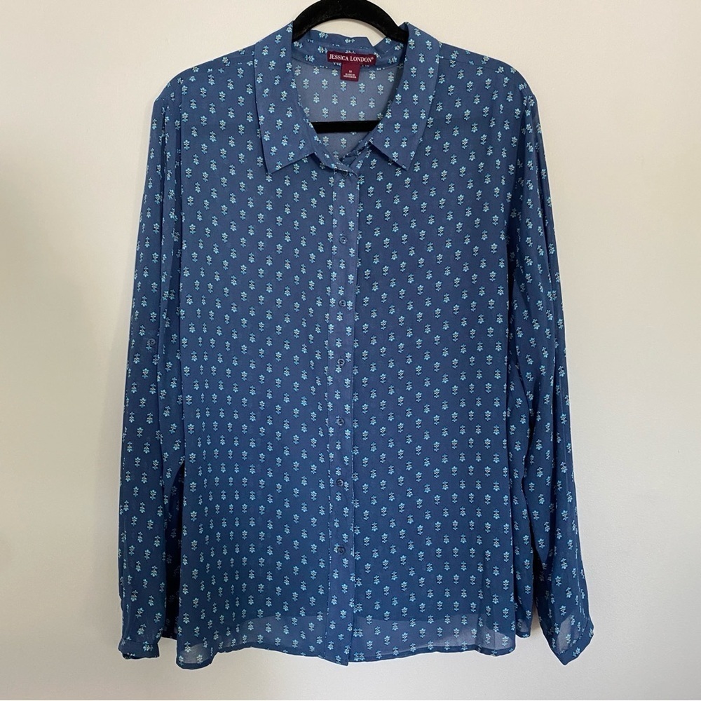 Jessica London Blue Floral Button Down Shirt